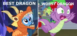 Size: 1420x668 | Tagged: abuse, derpibooru import, downvote bait, dragon, dragon costume, edit, edited screencap, go to sleep garble, horse play, safe, screencap, shitposting, spike, spikeabuse, trixie, truth, uncommon bond