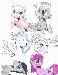 Size: 1680x2186 | Tagged: safe, artist:sixes&sevens, derpibooru import, berry punch, berryshine, cheerilee, cloudchaser, flitter, rumble, thunderlane, pony, colored pencil drawing, traditional art