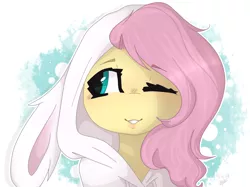 Size: 1024x767 | Tagged: safe, artist:fluttershy369, derpibooru import, fluttershy, pegasus, pony, abstract background, animal costume, bunny costume, bust, clothes, costume, cute, female, full face view, hoodie, looking away, looking sideways, mare, one eye closed, portrait, shyabetes, smiling, solo