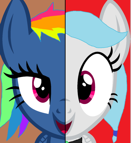 Size: 985x1079 | Tagged: adorapiehater, artist:nightshadowmlp, base used, cute, derpibooru import, disguise and real form, duality, duo, duo female, evil pie hater dash, female, it's gonna work, jewelry, necklace, oc, ocbetes, oc:snowfall wind, rainbow dash, safe, secrets and pies, sisters, spice up your life, split screen, two sided posters