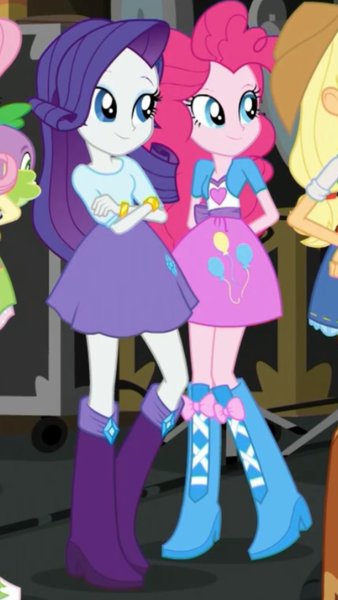 Size: 1242x2208 | Tagged: safe, derpibooru import, screencap, applejack, fluttershy, pinkie pie, rarity, spike, spike the regular dog, dog, equestria girls, movie magic, spoiler:eqg specials, clothes, cropped, crossed arms, hands behind back, skirt