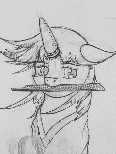 Size: 960x1280 | Tagged: safe, artist:dreamingnoctis, derpibooru import, twilight sparkle, pony, ask asylum twilight, bust, file, horn cap, magic suppression, monochrome, mouth hold, portrait, sketch, solo, traditional art