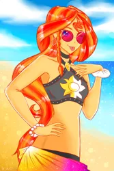 Size: 2362x3543 | Tagged: safe, artist:dragonemperror2810, derpibooru import, sunset shimmer, equestria girls, equestria girls series, forgotten friendship, :p, armpits, beach, bikini, bracelet, braid, clothes, cloud, cute, ear piercing, earring, female, jewelry, looking at you, midriff, ocean, one eye closed, piercing, pixiv, sand, shimmerbetes, silly, sky, solo, sparkling, summer sunset, sunglasses, swimsuit, tongue out, water, wink