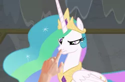 Size: 1016x670 | Tagged: boop, boop edit, celestia is not amused, cute, derpibooru import, disappointed, edit, edited screencap, hand, horse play, human, meta, non-consensual booping, princess celestia, pure unfiltered evil, raised eyebrow, safe, screencap, unamused