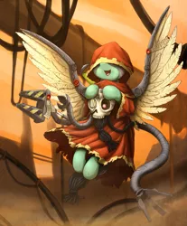 Size: 1633x1972 | Tagged: safe, artist:otakuap, derpibooru import, oc, unofficial characters only, cyborg, pegasus, pony, adeptus mechanicus, cloak, clothes, crossover, female, flying, mare, servo skull, skull, smiling, solo, spread wings, warhammer (game), warhammer 40k, wings