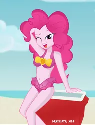 Size: 1024x1354 | Tagged: suggestive, artist:danielitamlp, derpibooru import, pinkie pie, human, equestria girls, equestria girls series, beach, belly button, bikini, bra, breasts, clothes, cloud, female, long hair, looking at you, midriff, ocean, one eye closed, open mouth, sand, sexy, sitting, sky, smiling, solo, solo female, stupid sexy pinkie, swimsuit, underwear, water, wink, wrong eye color