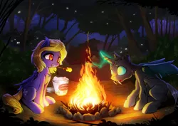 Size: 2400x1697 | Tagged: safe, artist:fidzfox, derpibooru import, oc, oc:butter cream, oc:gallant sentinel, unofficial characters only, bat pony, changeling, pony, bat pony oc, campfire, changeling oc, fangs, female, food, forest, glowing horn, magic, mare, marshmallow, mouth hold, night, smiling, tree