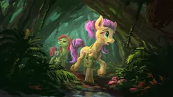 Size: 1920x1080 | Tagged: safe, artist:plainoasis, derpibooru import, fluttershy, tree hugger, earth pony, pegasus, pony, duo, female, first aid kit, forest, hair up, jungle, looking around, mare, open mouth, scar