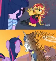 Size: 1920x2101 | Tagged: safe, artist:crisostomo-ibarra, derpibooru import, edit, edited screencap, screencap, sci-twi, star swirl the bearded, sunset shimmer, twilight sparkle, twilight sparkle (alicorn), alicorn, equestria girls, equestria girls series, forgotten friendship, avengers: infinity war, comparison, discovery family logo, disintegration, fake, fake screencap, i don't feel so good, imminent death, infinity war, spoilers for another series