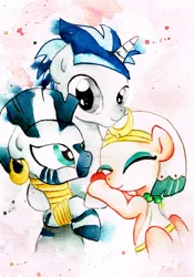 Size: 1600x2283 | Tagged: safe, artist:shiinadrawmiku, derpibooru import, somnambula, zecora, oc, pegasus, pony, unicorn, zebra, commission, female, hug, male, mare, stallion, traditional art, watercolor painting