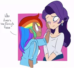 Size: 750x697 | Tagged: artist:drawbauchery, artist:lordsauronthegreat, blushing, colored, color edit, derpibooru import, edit, female, human, humanized, lesbian, one eye closed, rainbow dash, raridash, rarity, safe, shipping