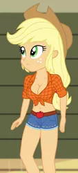 Size: 460x1020 | Tagged: suggestive, derpibooru import, edit, edited screencap, editor:ah96, screencap, applejack, equestria girls, rainbow rocks, shake your tail, applejack's hat, belly button, breast edit, breasts, busty applejack, cleavage, clothes, cowboy hat, cropped, daisy dukes, female, front knot midriff, hat, midriff, shorts, show accurate, solo, stetson, thighs