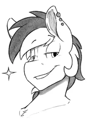 Size: 3246x4515 | Tagged: safe, artist:denzel, derpibooru import, oc, oc:koonzy, unofficial characters only, pony, bedroom eyes, bust, male, monochrome, solo