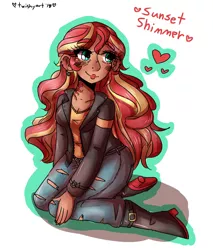 Size: 2975x3500 | Tagged: safe, artist:mylittleyuri, derpibooru import, sunset shimmer, human, equestria girls, boots, clothes, cute, digital art, humanized, jacket, jeans, paint tool sai, pants, shoes, solo, tumblr nose
