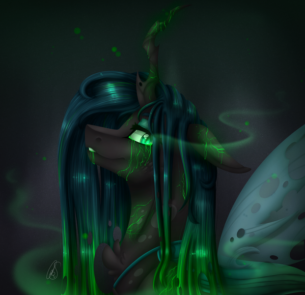 Size: 2900x2800 | Tagged: artist:norica-official, changeling, changeling queen, derpibooru import, female, glowing eyes, horn, looking at you, poison, queen chrysalis, safe, solo