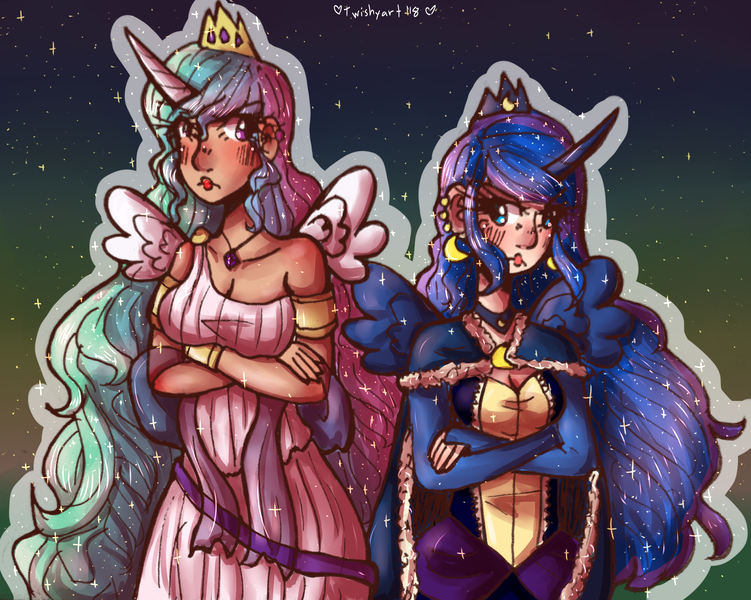 Size: 2448x1955 | Tagged: a royal problem, artist:mylittleyuri, clothes, crown, derpibooru import, digital art, dress, horned humanization, human, humanized, jewelry, paint tool sai, princess celestia, princess luna, regalia, safe, winged humanization, wings