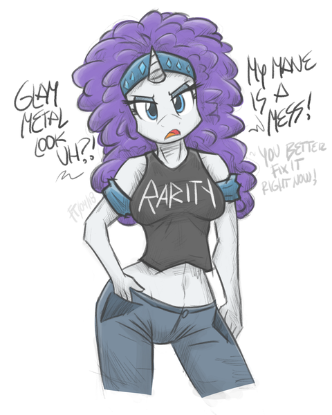 Size: 1000x1250 | Tagged: anthro, artist:flutterthrash, belly button, clothes, derpibooru import, dialogue, female, glam metal, glam rock, midriff, rarity, safe, solo, tanktop