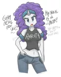 Size: 1000x1250 | Tagged: anthro, artist:flutterthrash, belly button, clothes, derpibooru import, dialogue, female, glam metal, glam rock, midriff, rarity, safe, solo, tanktop