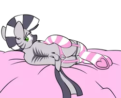 Size: 1535x1240 | Tagged: suggestive, artist:cinnamon-twist, artist:xcinnamon-twistx, derpibooru import, oc, oc:zebra north, unofficial characters only, zebra, bed, clothes, crossdressing, femboy, girly, green eyes, heart eyes, heart underhoof, hooves, laying on bed, lingerie, looking at you, looking back, lying, male, panties, pink underwear, quadrupedal, side, simple background, socks, solo, solo male, stallion, striped socks, transparent background, underhoof, underwear, wingding eyes