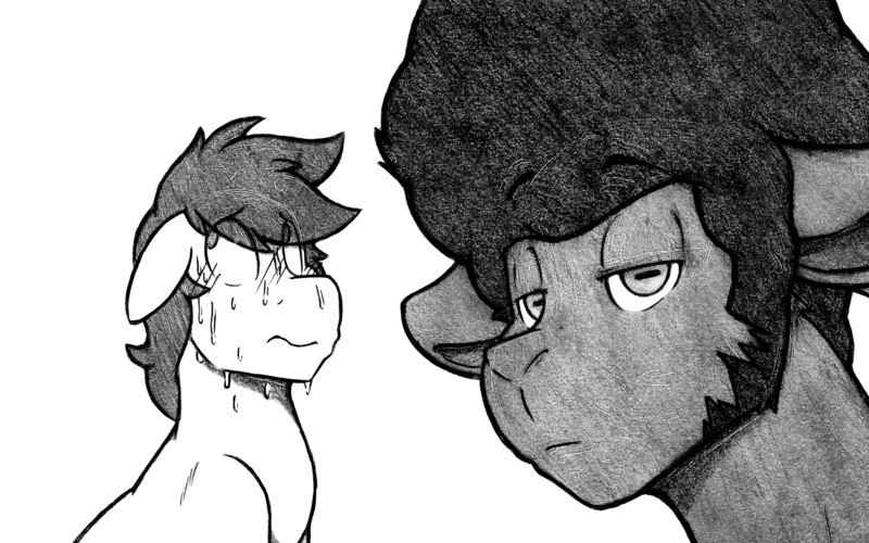 Size: 2498x1562 | Tagged: safe, artist:denzel, derpibooru import, oc, oc:denzel, oc:winston, unofficial characters only, goat, pony, black and white, embarrassed, face, grayscale, monochrome, simple background, sweat, sweating profusely, white background