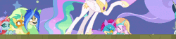 Size: 1884x424 | Tagged: safe, derpibooru import, screencap, gallus, ocellus, princess celestia, sandbar, silverstream, smolder, yona, changedling, changeling, classical hippogriff, dragon, gryphon, hippogriff, yak, horse play, animated, clothes, costume, cowering, cropped, dizzy, fake beard, fake ears, fake horn, scared, shaking, spinning eyes, star swirl the bearded costume, student six, trembling, wig