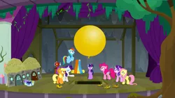 Size: 1280x720 | Tagged: safe, derpibooru import, screencap, applejack, fluttershy, pinkie pie, rainbow dash, rarity, starlight glimmer, twilight sparkle, twilight sparkle (alicorn), alicorn, earth pony, pegasus, pony, unicorn, horse play, balloon, female, fragments, mane six, mare, mouth hold, paint bucket, sewing machine, stage, trapdoor