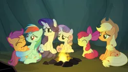 Size: 1920x1080 | Tagged: safe, derpibooru import, screencap, apple bloom, applejack, rainbow dash, rarity, scootaloo, sweetie belle, earth pony, pegasus, pony, unicorn, campfire tales, campfire, carrying, cuddling, cute, cutie mark crusaders, female, filly, happy, hug, mare, scootalove, sisters, smiling