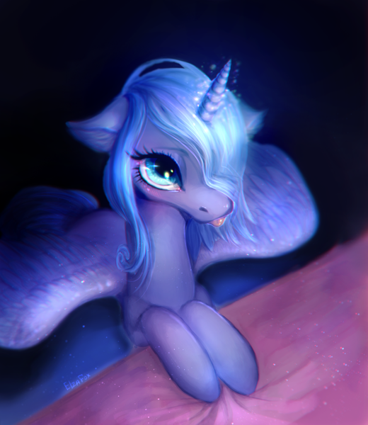 Size: 1478x1706 | Tagged: safe, artist:elzafox, derpibooru import, princess luna, alicorn, pony, :p, cute, ear fluff, female, horn, looking at you, looking up, lunabetes, magic, mare, moonlight, palindrome get, s1 luna, silly, solo, spread wings, tongue out, wings