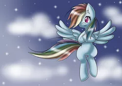 Size: 1024x723 | Tagged: safe, artist:kikuthefoxofficial, derpibooru import, rainbow dash, pegasus, pony, cloud, colored pupils, cute, ear fluff, female, flying, hair over one eye, mare, night, night sky, sky, solo, spread wings, stars, wings