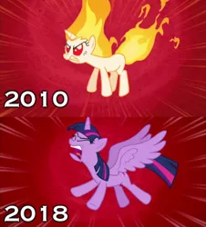 Size: 622x689 | Tagged: safe, derpibooru import, screencap, twilight sparkle, twilight sparkle (alicorn), alicorn, pony, rapidash, unicorn, feeling pinkie keen, horse play, angry, breakdown, comparison, eyes closed, female, frustration, full freakout mode, mane of fire, mare, pokémon, rapidash twilight, red eyes, screaming, spread wings, unicorn twilight