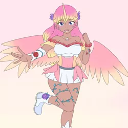 Size: 2000x2000 | Tagged: alicorn, alicorn oc, arima verse, artist:jonfawkes, clothes, derpibooru import, female, gradient background, horned humanization, human, humanized, humanized oc, looking at you, magical girl, oc, raised leg, safe, smiling, solo, unofficial characters only, winged humanization, wings