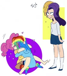 Size: 750x850 | Tagged: safe, artist:drawbauchery, artist:lordsauronthegreat, color edit, derpibooru import, edit, pinkie pie, rainbow dash, rarity, human, annoyed, barefoot, blushing, clothes, colored, eyes closed, feet, female, heart, humanized, kissing, lesbian, pinkiedash, shipping