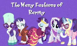 Size: 1642x994 | Tagged: artist needed, camping outfit, clothes, commonity, costume, derpibooru import, detective rarity, dress, edit, gala dress, multeity, rarity, safe, winter outfit