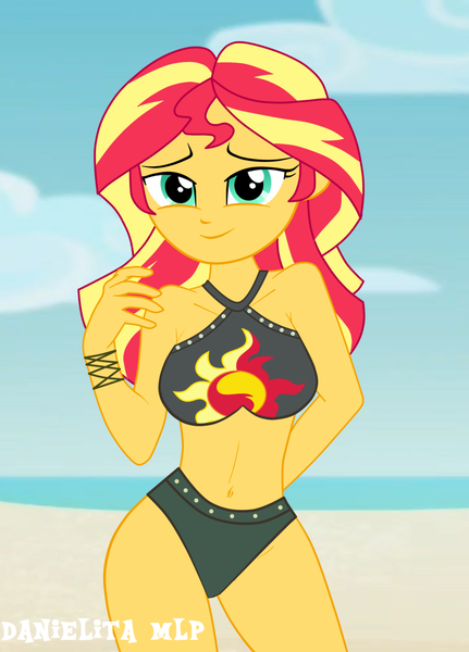 Size: 1024x1425 | Tagged: suggestive, artist:danielitamlp, derpibooru import, sunset shimmer, equestria girls, equestria girls series, arm behind back, beach, belly button, bikini, breasts, busty sunset shimmer, clothes, female, solo, solo female, swimsuit