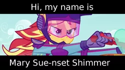 Size: 999x563 | Tagged: safe, derpibooru import, edit, edited screencap, screencap, sunset shimmer, equestria girls, equestria girls series, friendship games, background pony strikes again, beating a dead horse, drama, drama bait, helmet, mary sue, monologue, motorcross outfit, motorcycle helmet, op isn't even trying anymore, op wants attention, solo, subtitle, trash dove