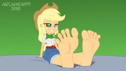 Size: 3999x2249 | Tagged: suggestive, artist:metalhead97, derpibooru import, applejack, equestria girls, barefoot, bed, breasts, clothes, feet, female, fetish, foot fetish, foot focus, gradient background, hypnosis, hypnotized, offscreen character, pov, sexy, show accurate, smiling, soles, solo, toes