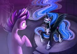 Size: 1150x800 | Tagged: safe, artist:new-house, derpibooru import, nightmare moon, twilight sparkle, alicorn, pony, unicorn, friendship is magic, castle of the royal pony sisters, cutie mark, duo, ethereal mane, eyeshadow, female, floating, glowing eyes, glowing horn, helmet, jewelry, makeup, mare, regalia, scene interpretation, spread wings, starry mane, wings