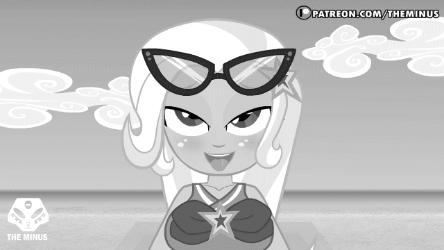 Size: 640x360 | Tagged: questionable, artist:theminus, derpibooru import, edit, edited edit, trixie, equestria girls, ahegao, animated, beach, blushing, bouncing, bouncing breasts, breasts, busty trixie, clothes, cropped, female, glasses, monochrome, open mouth, patreon, patreon logo, sex on the beach, solo, summer, swimsuit, tongue out