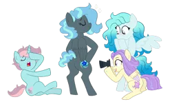Size: 1024x630 | Tagged: safe, artist:ashidaii, derpibooru import, oc, oc:floral rift, unofficial characters only, pegasus, pony, unicorn, bipedal, camera, draw the squad, female, mare, plot, simple background, transparent background, two toned wings