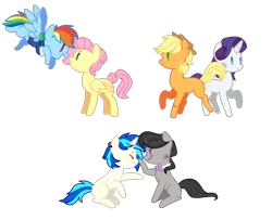 Size: 2260x1836 | Tagged: safe, artist:yaaaco, derpibooru import, applejack, fluttershy, octavia melody, rainbow dash, rarity, vinyl scratch, earth pony, pegasus, pony, unicorn, boop, bowtie, cowboy hat, cute, dashabetes, ear piercing, earring, female, flutterdash, flying, hat, jackabetes, jewelry, lesbian, mare, missing cutie mark, noseboop, piercing, raribetes, rarijack, scratchtavia, shipping, shyabetes, simple background, smiling, tavibetes, transparent background, vinylbetes