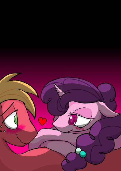 Size: 4964x7020 | Tagged: safe, artist:zemlya, derpibooru import, big macintosh, sugar belle, earth pony, pony, unicorn, absurd resolution, blushing, colored pupils, crossed hooves, cuddling, duo, eye contact, female, floating heart, floppy ears, freckles, gradient background, heart, looking at each other, lying on top of someone, male, mare, on top, pixiv, shipping, side, stallion, straight, sugarmac, wavy mouth