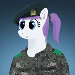 Size: 886x886 | Tagged: safe, artist:cocopommel, derpibooru import, oc, oc:malchang, unofficial characters only, pony, army, beret, camouflage, clothes, ear fluff, hat, korean, military, military uniform, ponytail, republic of korea army, solo, uniform