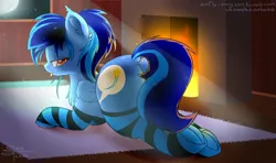 Size: 3034x1798 | Tagged: suggestive, artist:airfly-pony, derpibooru import, oc, oc:angley, unofficial characters only, pegasus, pony, ahegao, ass up, blue mane, blue pony, carpet, chest fluff, clothes, cutie mark, dock, ear fluff, erotica, female, finished commission, fireplace, folded wings, frog (hoof), large butt, leg warmers, leggings, long mane, long tail, looking at you, looking back, looking back at you, moon, moonlight, night, nudity, open mouth, pegasus oc, plot, ponytail, rcf community, red eyes, smiley face, smiling, socks, solo, solo female, striped socks, tail, tongue out, tongue play, underhoof, window, wings, ych result