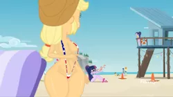 Size: 1365x767 | Tagged: safe, artist:fishsandwich, edit, applejack, twilight sparkle, equestria girls, forgotten friendship, american flag bikini, applejack's hat, beach, bikini, breast edit, breasts, burp, busty applejack, clothes, cowboy hat, female, flag bikini, hat, lesbian, sling bikini, thick, thighs, vagina, wide hips