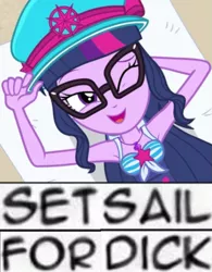 Size: 639x818 | Tagged: suggestive, derpibooru import, edit, edited screencap, screencap, sci-twi, twilight sparkle, equestria girls, equestria girls series, forgotten friendship, armpits, caption, cropped, expand dong, exploitable meme, image macro, meme, solo