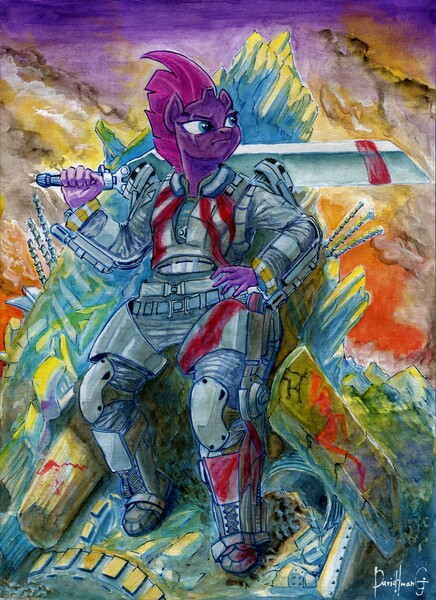 Size: 6038x8302 | Tagged: safe, artist:invalid-david, derpibooru import, fizzlepop berrytwist, tempest shadow, anthro, my little pony: the movie, absurd resolution, armor, blade, commission, edge of tomorrow, emily blunt, exosuit, image, jpeg, propeller blade, rita vrataski, signature, solo, sword, traditional art, voice actor joke, watercolor painting, weapon, wreckage