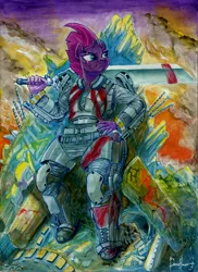 Size: 6038x8302 | Tagged: safe, artist:invalid-david, derpibooru import, fizzlepop berrytwist, tempest shadow, anthro, my little pony: the movie, absurd resolution, armor, blade, commission, edge of tomorrow, emily blunt, exosuit, image, jpeg, propeller blade, rita vrataski, signature, solo, sword, traditional art, voice actor joke, watercolor painting, weapon, wreckage