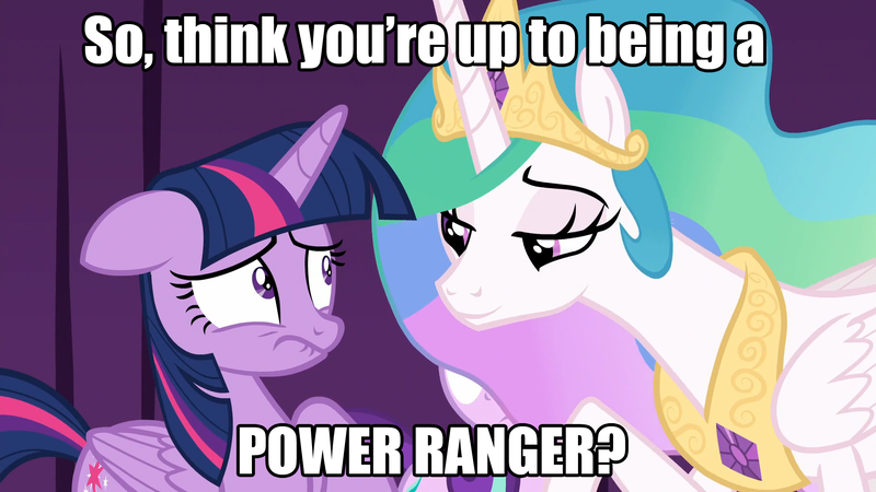 Size: 1920x1080 | Tagged: safe, derpibooru import, edit, edited screencap, screencap, princess celestia, starlight glimmer, twilight sparkle, twilight sparkle (alicorn), alicorn, pony, horse play, duo, female, image macro, leaning forward, lip bite, mare, meme, power rangers