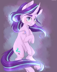 Size: 2000x2500 | Tagged: safe, artist:silbersternenlicht, derpibooru import, starlight glimmer, pony, unicorn, abstract background, cloven hooves, curved horn, female, looking at you, mare, smiling, solo, unshorn fetlocks