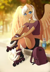 Size: 904x1280 | Tagged: anthro, artist:glorious-rarien, backpack, bandaid, bra strap, clothes, derpibooru import, female, looking at you, mare, oc, oc:perfect pour, pegasus, plantigrade anthro, roller skates, safe, shirt, sitting, solo, sports shorts, t-shirt, unofficial characters only, water bottle